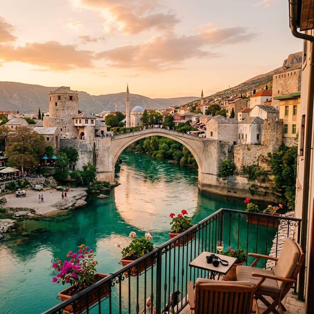 Mostar Old Bridge (Stari Most) with turquoise Neretva river at sunset
